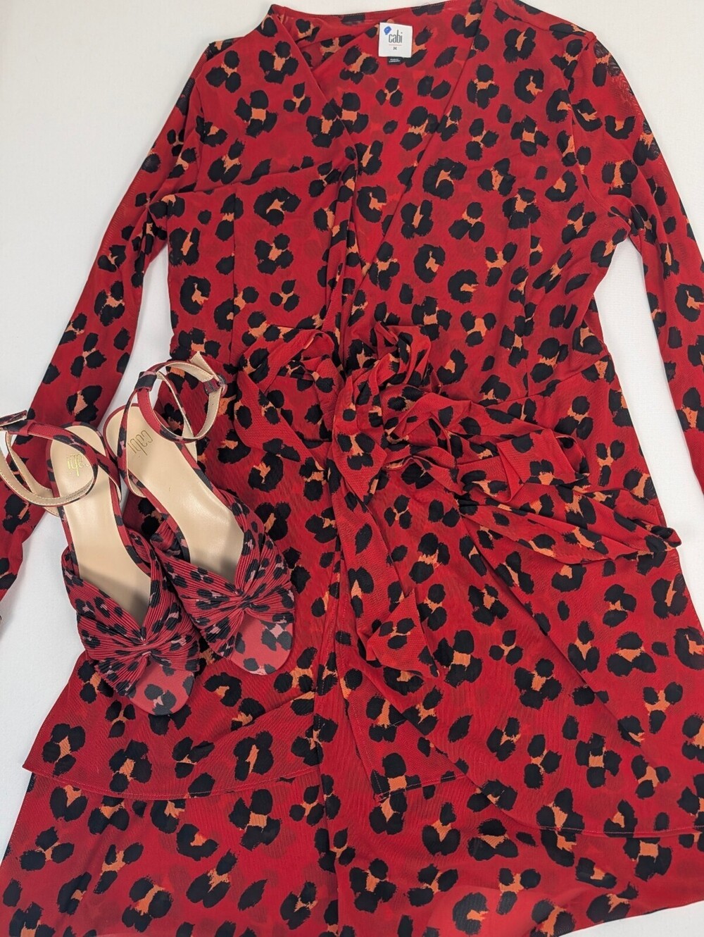 Cabi Siren Wrap Dress Red Leopard Animal Print Mesh Midi M Coordinating Shoe 9M